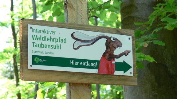 Schild zum Waldlehrpfad am Taubensuhl 